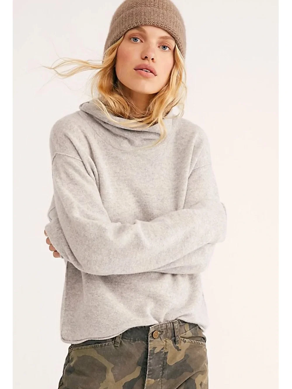 Free People Light Gray Cashmere Cowl-Neck Sweater
